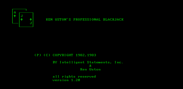 Ken Uston's Professional Blackjack (DOS) screenshot: Title screen (monochrome)