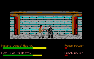 Indiana Jones and the Last Crusade: The Graphic Adventure (Atari ST) screenshot: Fistfighting with a Nazi guard.