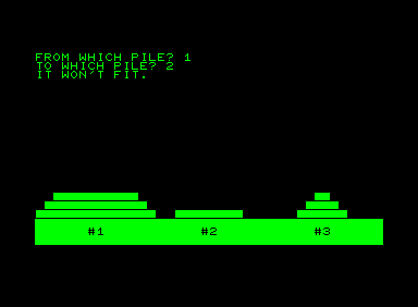 Hanoi (Commodore PET/CBM) screenshot: When you try to make an illegal move the game won't let you
