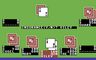 Ken Uston's Professional Blackjack (Commodore 64) screenshot: Opt for insurance... if the house allows it