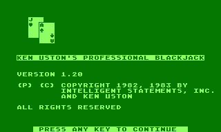 Ken Uston's Professional Blackjack (Atari 8-bit) screenshot: Title screen