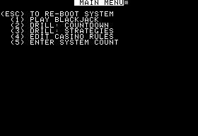 Ken Uston's Professional Blackjack (Apple II) screenshot: Main menu