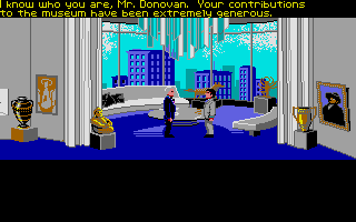 Indiana Jones and the Last Crusade: The Graphic Adventure (Atari ST) screenshot: Meeting Donovan in this cutscene. The dialog here is very much like the movie.