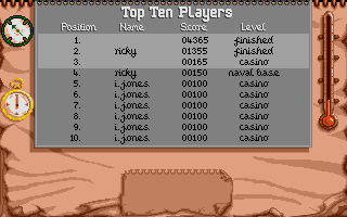Indiana Jones and the Fate of Atlantis: The Action Game (Atari ST) screenshot: The high score list.