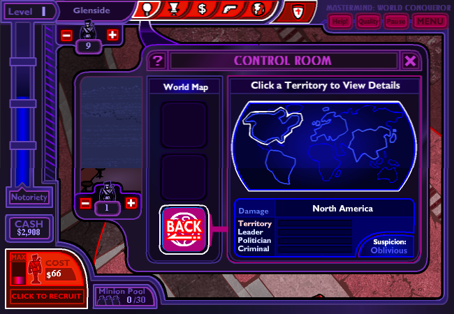 Mastermind: World Conqueror (Browser) screenshot: Control room with a world map