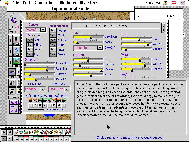 SimLife (Macintosh) screenshot: Dragon genome and an explanation of the "Time" parameter