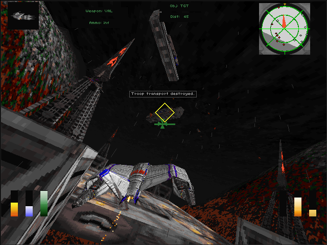 Hellbender (Windows) screenshot: Destroying troop transporters (level 1).