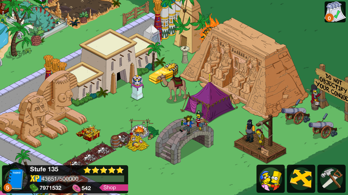 The Simpsons: Tapped Out (Android) screenshot: Time Travelling Toaster Quest 2017: Buildings and decorations from Egypt and the age of pirates