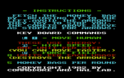 Money Wars (VIC-20) screenshot: Instructions
