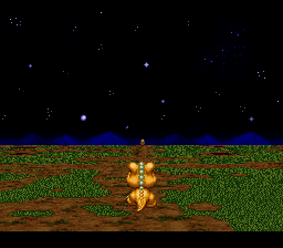 Gon (SNES) screenshot: Chase sequence in mode 7: avoid all obstacles catch up with the monkey.