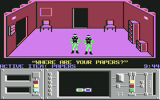 Infiltrator II (Commodore 64) screenshot: Inside a building at the enemy base