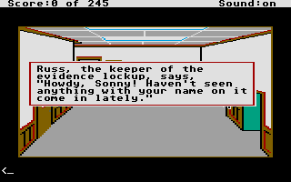 Police Quest: In Pursuit of the Death Angel (Atari ST) screenshot: Chatting with Russ, the keeper of the evidence lockup