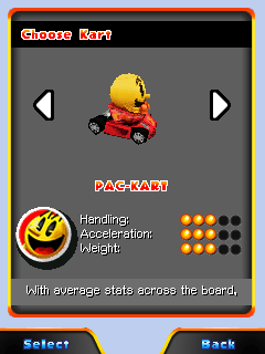 Pac-Man Kart Rally 3D (J2ME) screenshot: Selecting a kart