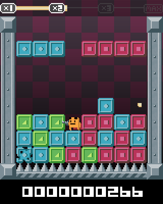 Super Puzzle Platformer (Windows) screenshot: An almost full row of blocks falling at once