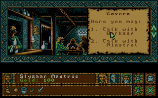 The Four Crystals of Trazere (Atari ST) screenshot: You can ask the barkeeper for hints at the tavern.