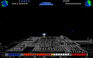 SDI: Strategic Defense Initiative (Amiga) screenshot: The second part of each stage is the defensive half, where you must defend your base from attack.