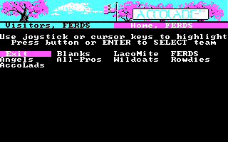 4th & Inches Team Construction Disk (DOS) screenshot: Select Visitors (CGA)