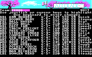 4th & Inches Team Construction Disk (DOS) screenshot: Modify Visitors (CGA)