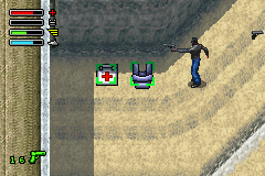 Dead to Rights (Game Boy Advance) screenshot: Picking up weapon, health and body armor