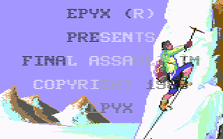 Final Assault (Commodore 64) screenshot: Title screen (U.S. version). It scrolls up and flickers from white to black.