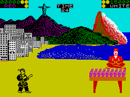 World Karate Championship (ZX Spectrum) screenshot: The bonus game in Rio