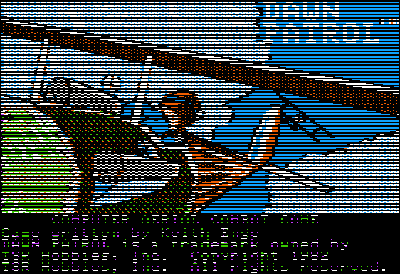 Dawn Patrol (Apple II) screenshot: The title screen features some minor animation. The tailing fighter shoots and opens a hole in the wing of the aircraft in the foreground.