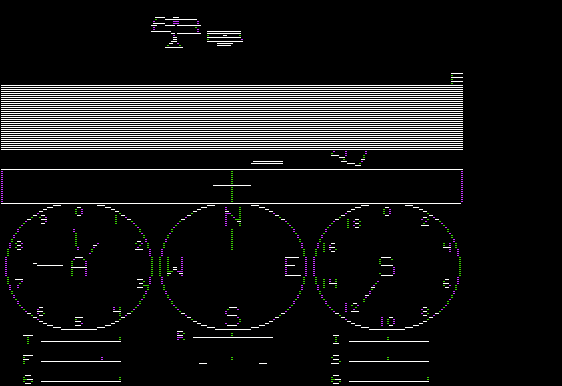 Dawn Patrol (Apple II) screenshot: A forward view from your cockpit showing you approaching five enemies head-on at the start of a flight. The white bar is the upper wing of your aircraft. The cross above your compass is the gun-sight.