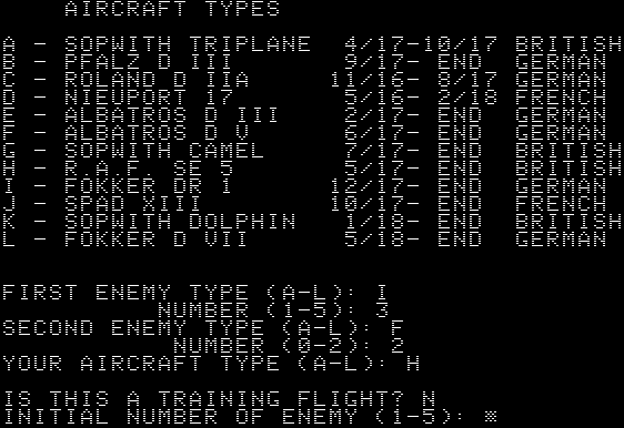 Dawn Patrol (Apple II) screenshot: Main menu screen where you set the options for a flight.