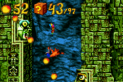 Crash Bandicoot: The Huge Adventure (Game Boy Advance) screenshot: Crash making his special move: Super charged body slam