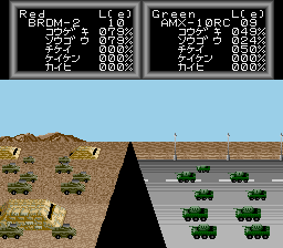 Super Daisenryaku (TurboGrafx CD) screenshot: Combat of armoured vehicles - BRDM-2 and AMX-10RC