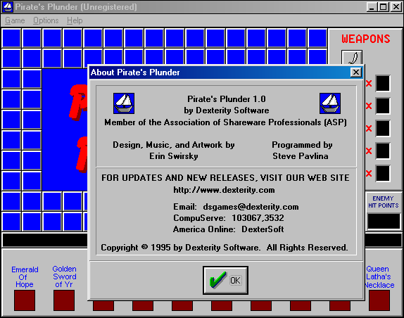 Pirate's Plunder (Windows 3.x) screenshot: The about screen from the Shareware version of the game.