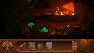 FoxTail (Windows) screenshot: Chapter 2: Leah tries her hand at chemistry. Spoiler: the laboratory in fact belongs to someone who made the place look like a witch's hut to keep intruders out. Someone already known to Leah...