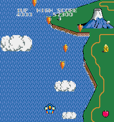 TwinBee (Sharp X68000) screenshot: Stage 1, graphics are very close to the arcade version only it runs at a lower vertical resolution (224x240 vs. 224x256 in the arcade)