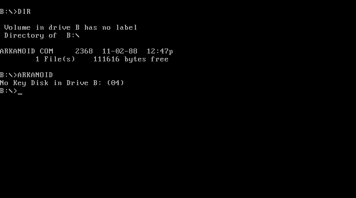 Arkanoid (DOS) screenshot: Original Arkanoid file and Keydisk check fail