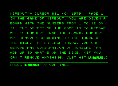 Wipeout (Commodore PET/CBM) screenshot: Instructions