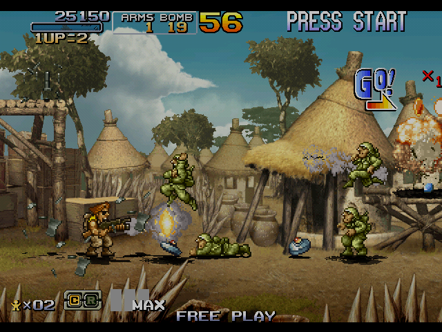 Metal Slug 6 (Arcade) screenshot: Normally, it's wise to place mines before the action happens. Not in this soldier's book.