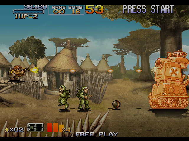 Metal Slug 6 (Arcade) screenshot: The developers really have a thing for munitions that roll (or drive, or run) along the ground.