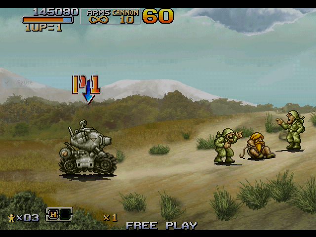 Metal Slug 6 (Arcade) screenshot: These soldiers would stand a much better chance if they paid attention once in a while.