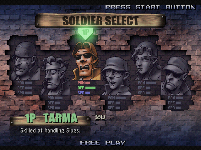 Metal Slug 6 (Arcade) screenshot: Amongst the staple bizarre portraits, we see two newcomers: Ralf and Clark, from Ikari Warriors.