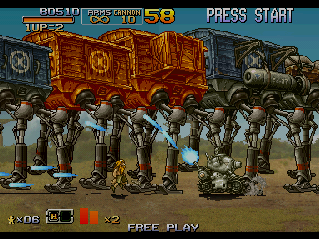 Metal Slug 6 (Arcade) screenshot: Fighting the first mini-boss in a newly-liberated Metal Slug, the series' eponymous vehicle.