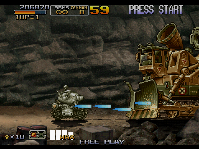 Metal Slug 6 (Arcade) screenshot: Metal Slug 6's first major boss. No match for the Slug.
