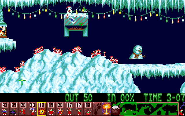 Xmas Lemmings (Amiga) screenshot: Level 1 gameplay