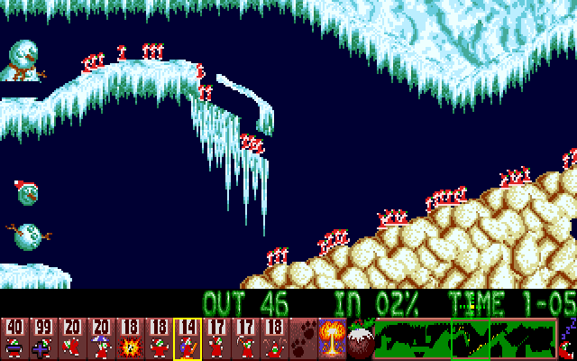 Xmas Lemmings (Amiga) screenshot: Level 1 gameplay 2