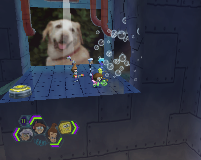 Nicktoons Unite! (PlayStation 2) screenshot: Spongebob uses a bubble bomb