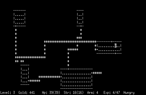 Rogue (Linux) screenshot: Exploring floor 3. I'm getting hungry.