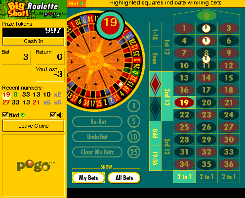 Big Shot Roulette (Browser) screenshot: The ball didn't land on my number!