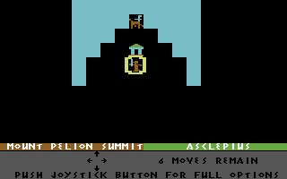 The Return of Heracles (Commodore 64) screenshot: You can play multiple characters at the same time, each takes a turn. This is Asclepius starting out on Mount Pelion.