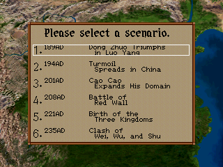 Romance of the Three Kingdoms IV: Wall of Fire (SEGA Saturn) screenshot: Scenario selection