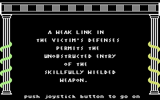 The Return of Heracles (Commodore 64) screenshot: Sometimes text messages describe the action.