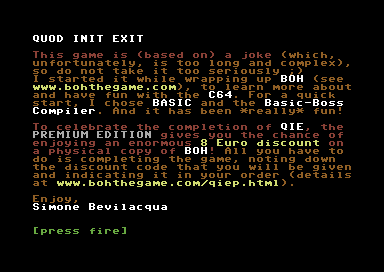 Quod Init Exit (Commodore 64) screenshot: Author's message